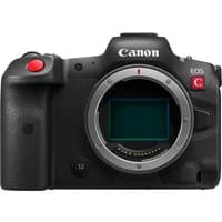 Black Canon EOS R5 C mirrorless camera body with red record button and large sensor mount.
