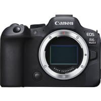 Black Canon EOS R6 Mark II mirrorless camera body, full-frame sensor, ergonomic grip, and prominent Canon logo.