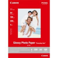 Canon GP-501 Glossy Photo Paper A4, 100 sheets, red packaging with family photo, white text detailing specifications.