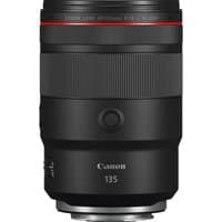 Black Canon L-Series RF 135mm F1.8L IS USM lens with textured focus ring and red accent line.