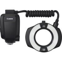 Canon Speedlite MR-14EX II Macro Ring Lite Flash, black body, circular ring with coiled cable, Canon logo on side.