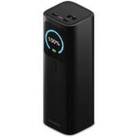 Black Cygnett CY5381PBCHE power bank, 27000 mAh, with digital display showing 100% charge, dual USB ports on top.