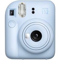 Blue Fujifilm Instax Mini 12 instant camera with rounded edges, viewfinder, and flash above the lens.