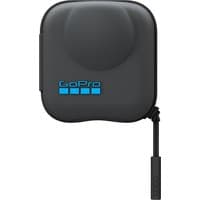 Black GoPro Protective Case MAX2 with blue logo, rounded edges, and a short black tether.
