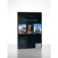 Hahnemühle Photo Rag Baryta A4 white gloss paper pack with black cover and sample images.