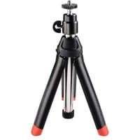 Black Hama tripod with three legs, red tips, and adjustable mount for mobile phones.