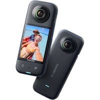 Insta360 X3 Action Camera, black with dual lenses, touchscreen display, and circular lens design.