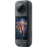 Black Insta360 X5 camera with dual lenses, touchscreen display, and slim rectangular design.