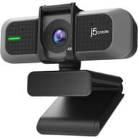 Black and silver j5create USB 4K Ultra HD webcam with lens, LED indicator, and adjustable stand.