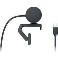 Black Logitech Brio 505 webcam with circular design, attached clip, and USB-C cable.