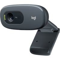 Black Logitech C270 HD webcam with built-in microphone and universal clip, featuring a rounded rectangular design.