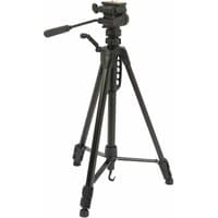 Black Nedis tripod with pan and tilt head, three segments, adjustable height, and a hook at the center column base.