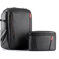 Black PGYTECH OneMo 2 Backpack with sleek design, red accents, and detachable storage pouch.