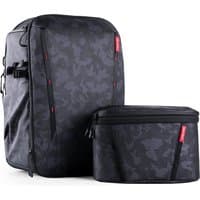 Grey PGYTECH OneMo 2 backpack with camo pattern, red accents, and matching detachable pouch.