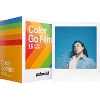 Polaroid Go Film Double Pack box with rainbow stripes, includes 16 instant photo sheets, sample photo of a woman.