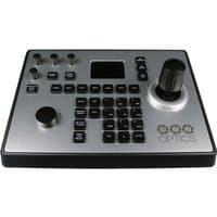 Black and silver PTZOptics PT-JOY-G4 joystick controller with buttons, knobs, and small display screen.