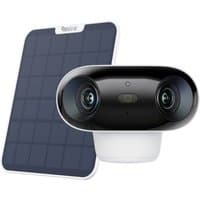 Black Reolink Argus 4 Pro Bulb IP security camera with dual lenses, white base, and solar panel attachment.