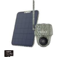 Reolink camo-pattern 4K wildlife camera with solar panel and 4G antenna, includes 32GB storage card.