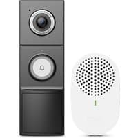 Black TP-Link Tapo video doorbell with camera lens and button, paired with white speaker unit.