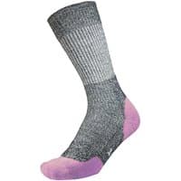 Gray and pink ladies' walking sock with ribbed cuff and reinforced heel and toe, made from recycled materials.