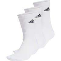 White Adidas cushioned crew socks, three pairs, featuring ribbed cuffs and black logo on the side.