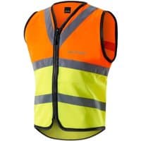 Bright yellow kids cycling vest with gray reflective stripes and black zipper, size 5-6 years.