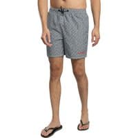 Gray Superdry AOP 16 Swim Shorts with black drawstring, geometric pattern, and red logo on left leg.