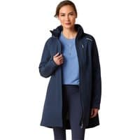 Navy Ariat women's long waterproof parka with hood, front zipper, and side pockets, worn by a model.