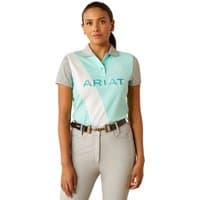 Ariat Women's Taryn Polo in Beach Glass, light blue with white diagonal stripe and gray sleeves, ARIAT logo on chest.