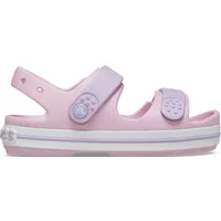 Pink baby Crocs Crocband Cruiser slippers with adjustable straps and white sole stripe.