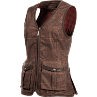 Baleno Kenwood Ladies Shooting Vest in check brown, UK 14, with front zipper, two flap pockets, and leather trim.