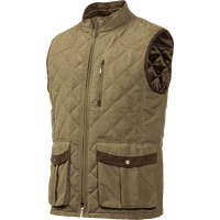 Light khaki quilted bodywarmer with zip closure, brown trim, chest pocket, and two front flap pockets.