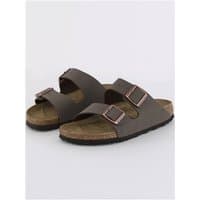 Birkenstock Arizona sandals in mocca Birko-Flor Nubuck, featuring dual adjustable straps and cork-latex footbed, size 40.