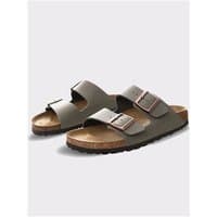 Birkenstock Arizona sandals in stone color, Birko-Flor nubuck, two adjustable straps, cork footbed, size 39.
