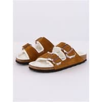 Birkenstock Arizona sandal in mink suede, shearling lining, two adjustable straps, cork footbed, size 36.