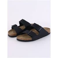 Black Birkenstock Birko-Flor Arizona sandals, two adjustable straps, cork footbed, size 37.