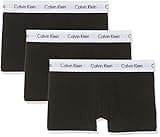 Calvin Klein black low rise trunks, cotton stretch, white waistband with logo, 3 pack.