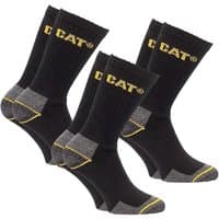 Black Caterpillar crew work socks, yellow logo, gray reinforced heel and toe, pack of three pairs.