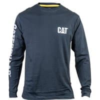 Navy blue Caterpillar long sleeve T-shirt with white logo on chest and "Caterpillar" text on left sleeve.