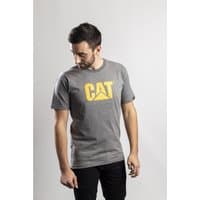 Grey Caterpillar T-shirt, size small, with yellow CAT logo on chest, worn by a man standing against a plain background.