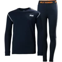 Children's Helly Hansen Lifa Active set, navy long-sleeve top and pants with white stripes and orange waistband.