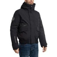 Black Superdry City Padded Bomber Jacket with hood, front pockets, and logo on sleeve.