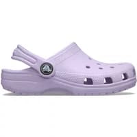 Lavender children's Crocs clogs with ventilation holes and adjustable heel strap.