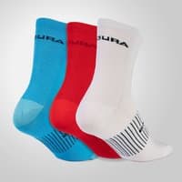 White COOLMAX® stripe socks triple pack with black logo and stripes, featuring blue and red pairs.