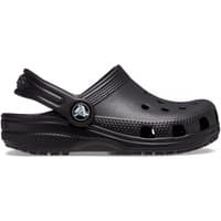 Black Crocs Classic Clog for kids, featuring ventilation holes, adjustable heel strap, and textured sole, size Infant 11.