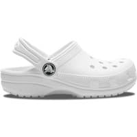 White Crocs Girl's Classic Clog with perforated top, adjustable heel strap, and textured sole, size 3.