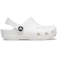 White toddler Crocs clog with perforated toe box, heel strap, and textured sole, size Infant 4.