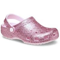 Pink glittery Crocs clog for girls with ventilation holes and adjustable heel strap, size 2.