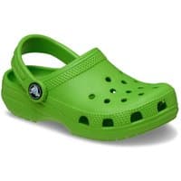 Green Crocs toddler clog with heel strap, ventilation holes, and textured sole, size Infant 7.