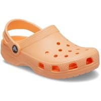 Orange toddler Crocs clog with heel strap, ventilation holes, and textured sole, size Infant 5.